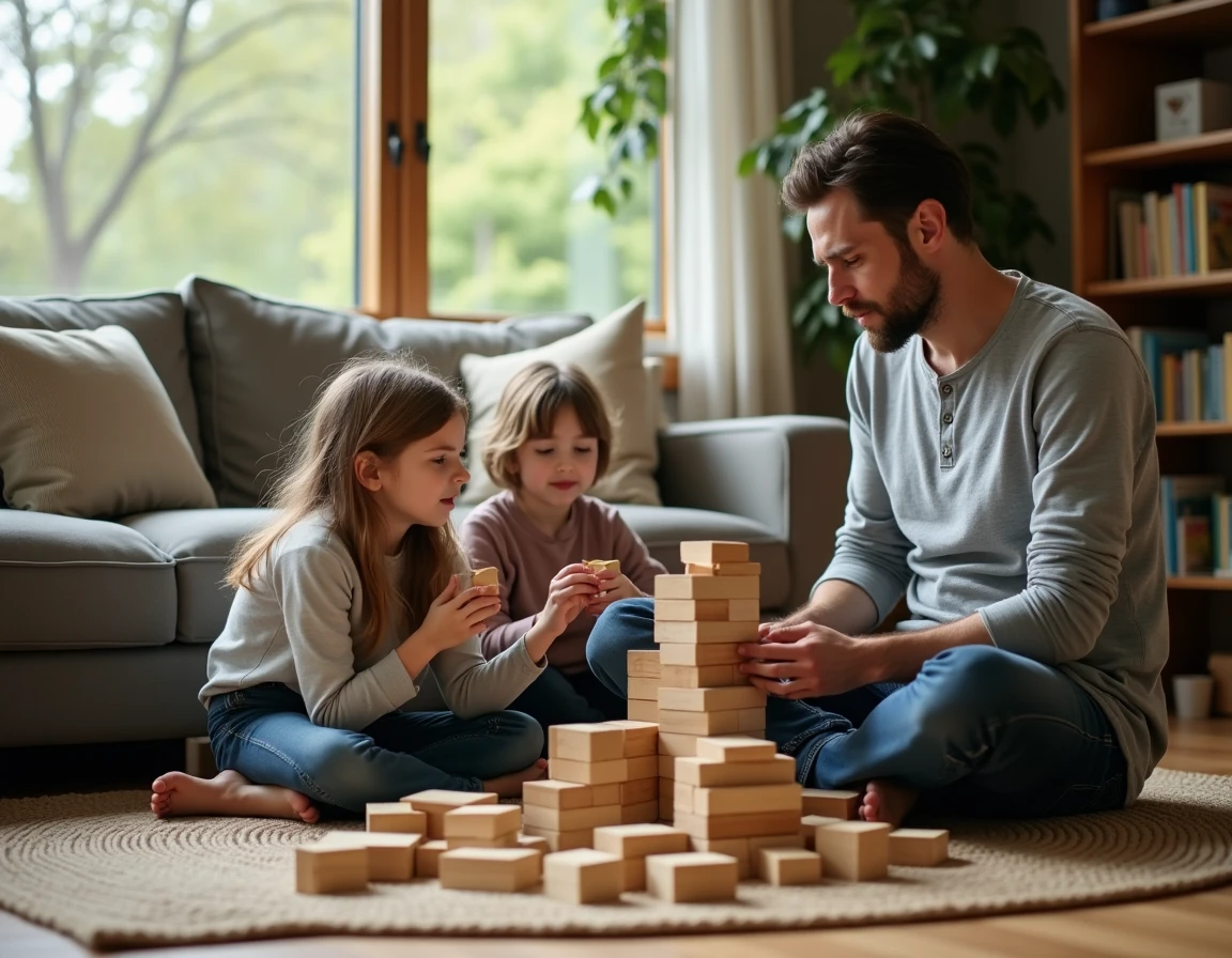 Père jouant avec ses deux filles sur le sol du salon en construisant une tour de blocs en bois dans une atmosphère détendue et complice