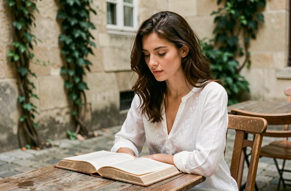 Jeune femme française au prénom Manon assise dans une cour parisienne avec un livre ancien, évoquant le charme et l'histoire de ce prénom féminin