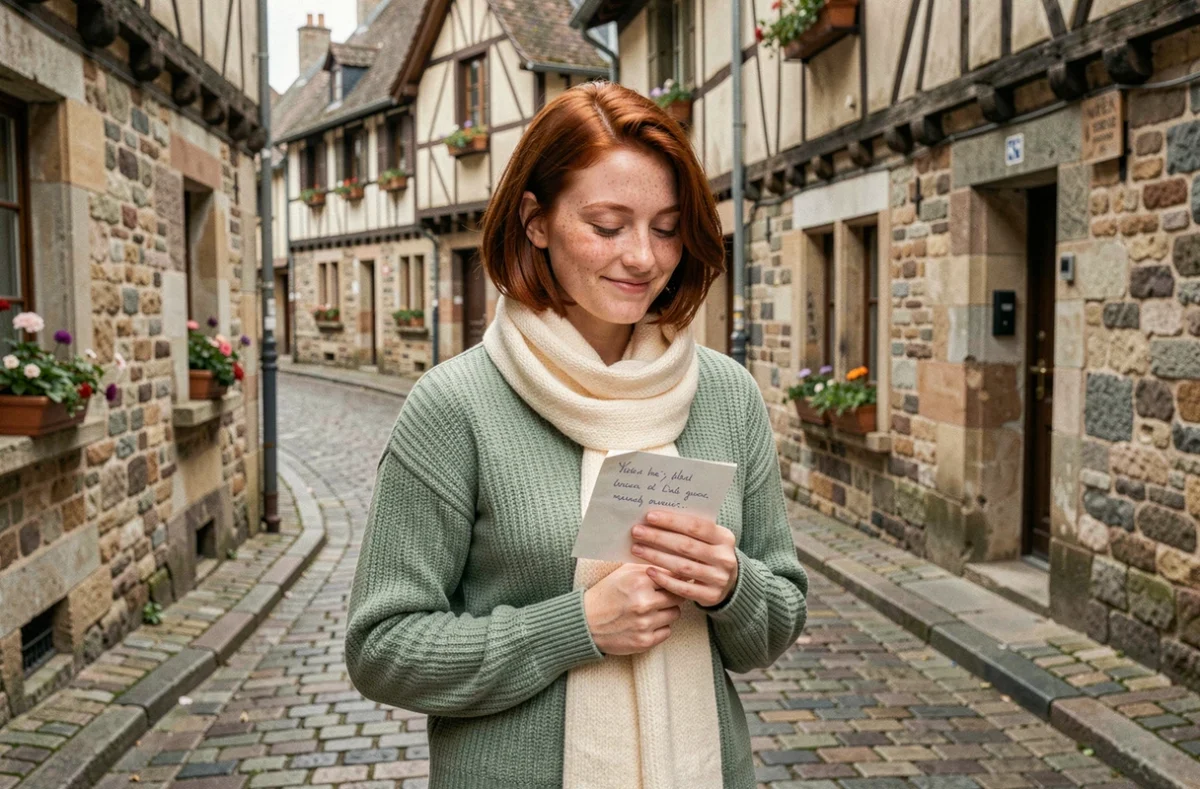 Jeune femme tenant une lettre manuscrite dans une rue pavée d'une ville historique française, illustrant les origines et la signification du prénom Manon