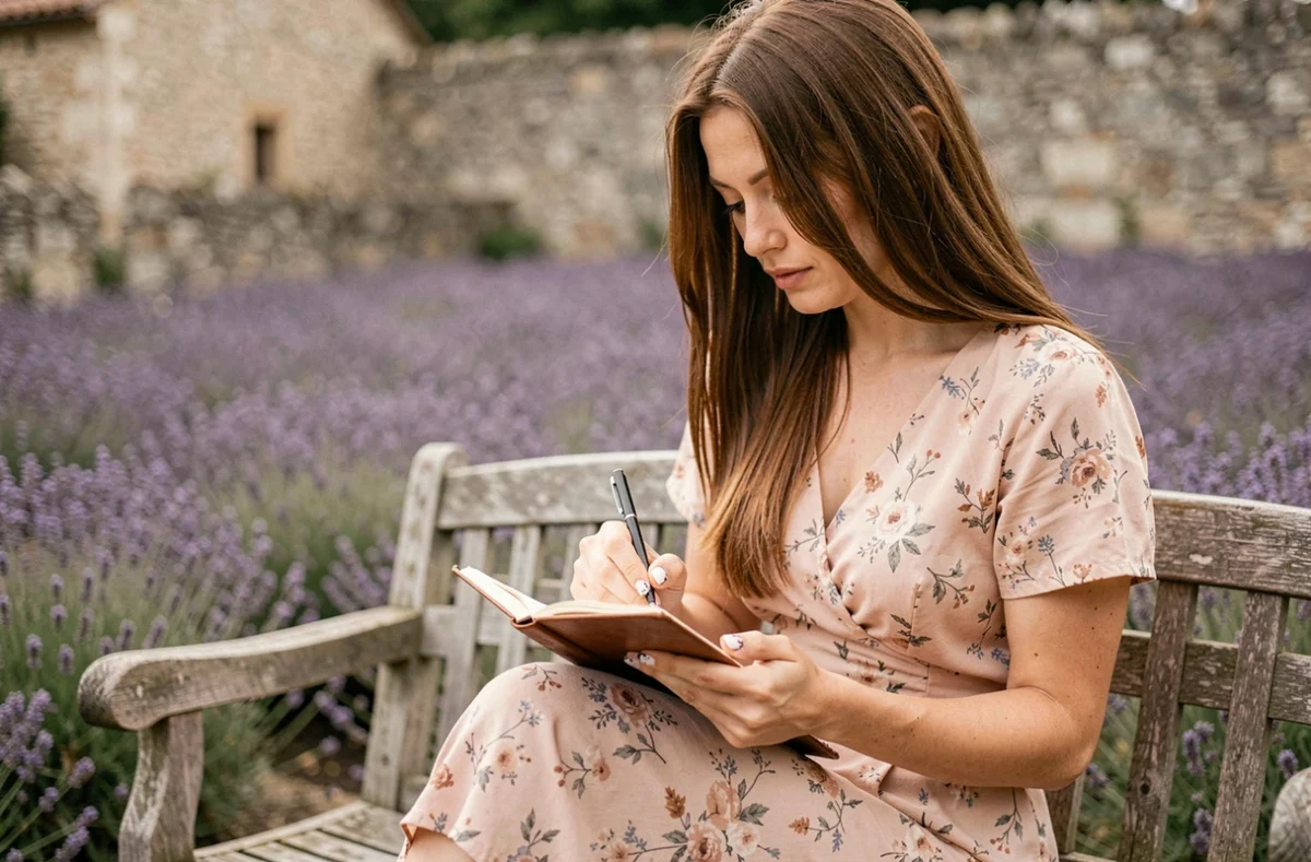 Femme écrivant dans un journal intime dans un jardin provençal en lavande, symbole de la douceur et du romantisme associés au prénom Manon