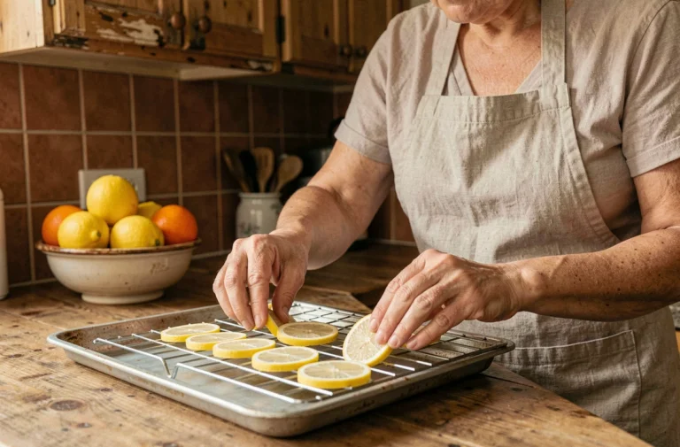 Femme préparant des rondelles de citron à sécher sur une grille dans une cuisine rustique