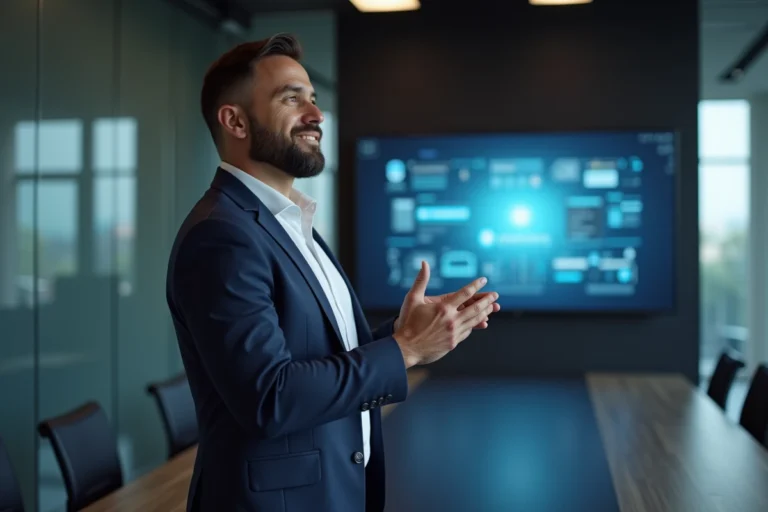 Professionnel présentant les services innovants de Cyber Huge lors d'une conférence en salle de réunion moderne