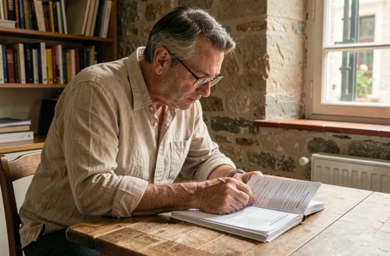 Propriétaire consultant des documents de taxe foncière dans un appartement parisien