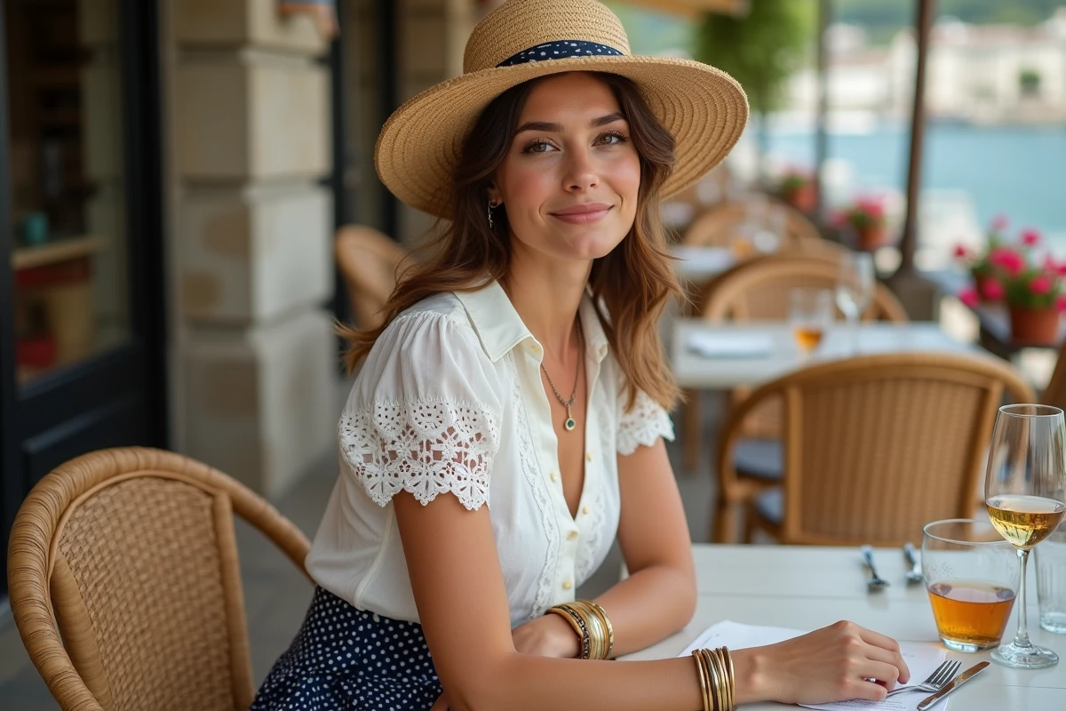Femme assise en terrasse guinguette portant une jupe à pois, chemisier blanc et bijoux dorés vintage