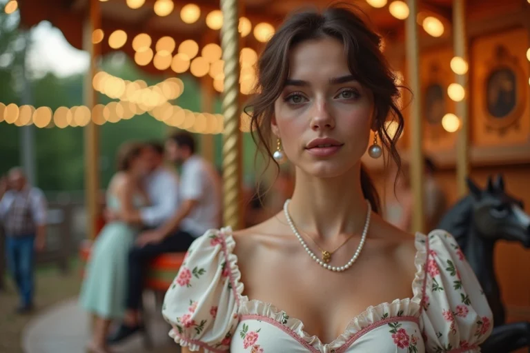 Femme en robe fleurie style guinguette avec bijoux dorés et perles dans un cadre rétro estival