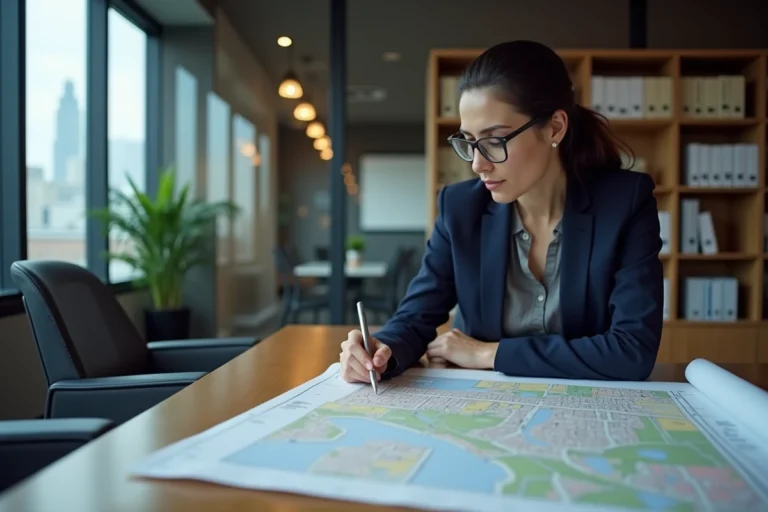 Une urbaniste étudie un plan de zonage immobilier sur une table de réunion dans un bureau municipal moderne
