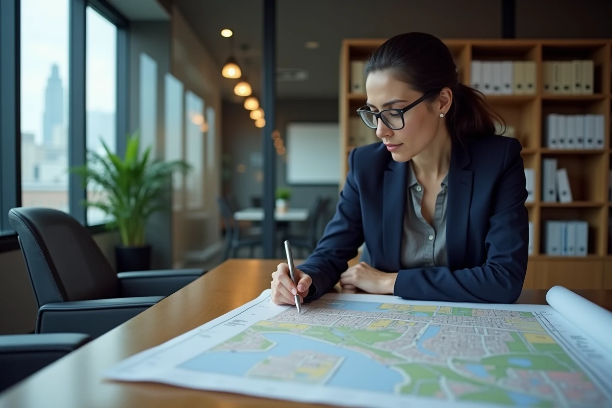 Une urbaniste étudie un plan de zonage immobilier sur une table de réunion dans un bureau municipal moderne